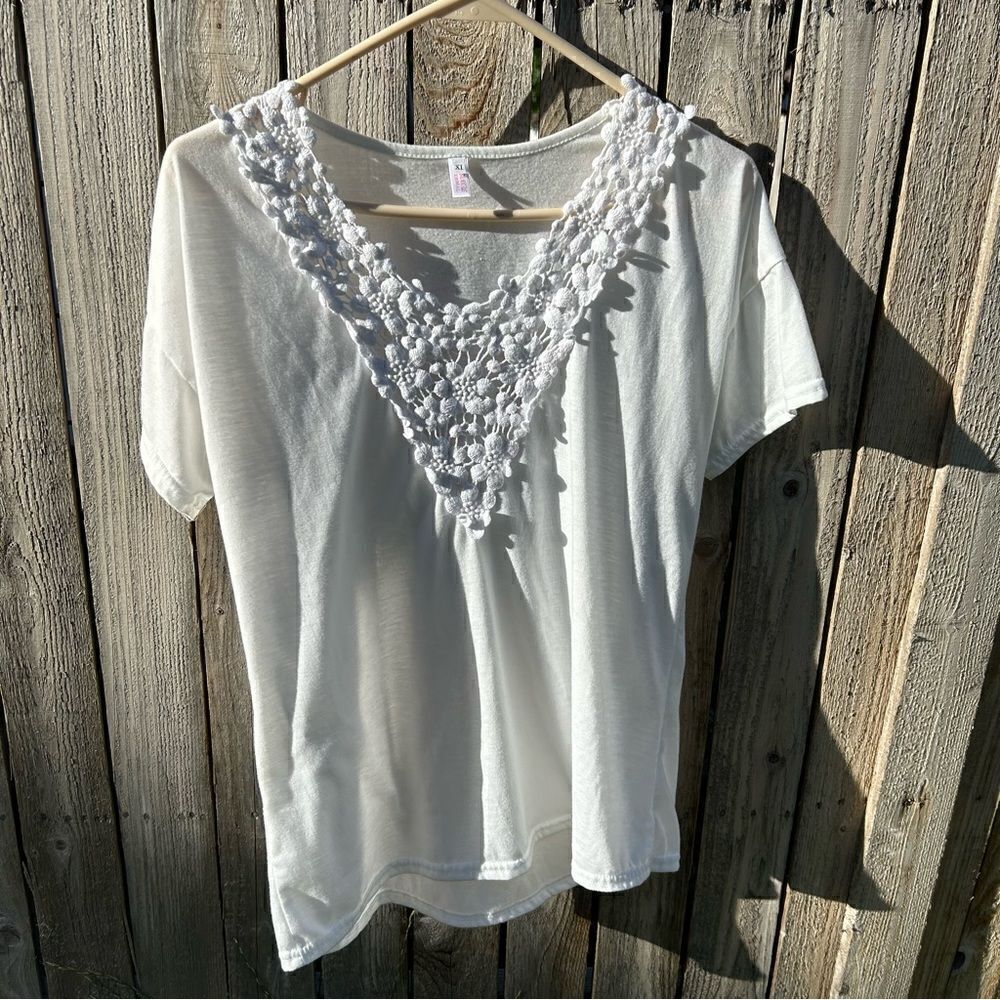 Overmal blouse short sleeve v shaped embroider neck line size XL